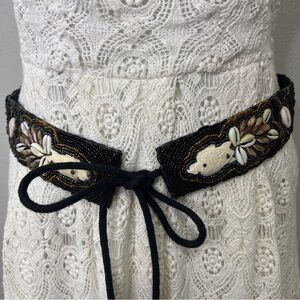 Vintage Belt Handbeaded on Leather Carved Turtles Glass Beads Shells Tie Strings